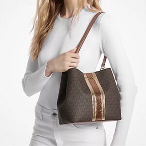 Michael Kors Pratt Medium Signature Logo and Metallic Shoulder Bag